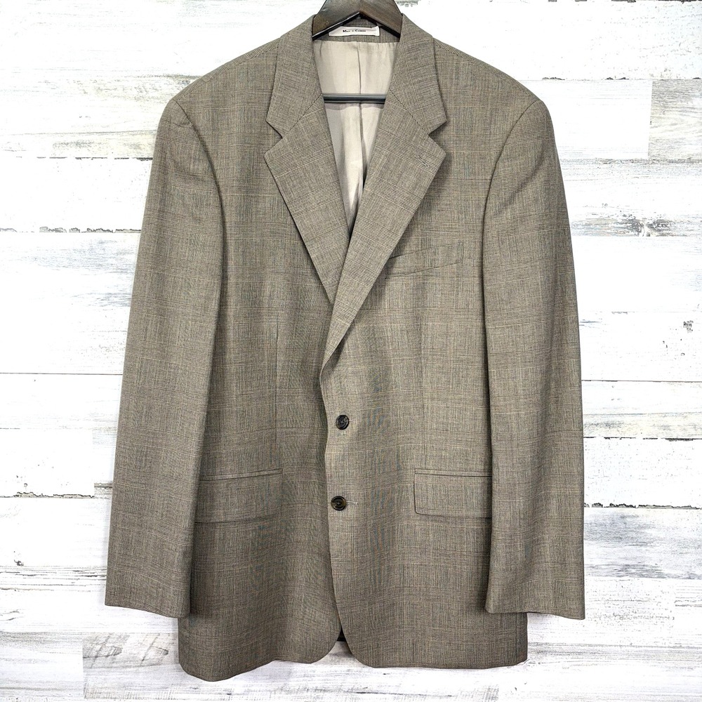 CHAPS Ralph Lauren Mens Tan Plaid 100% Wool 2 Button Summer Suit Jacket Size 44T